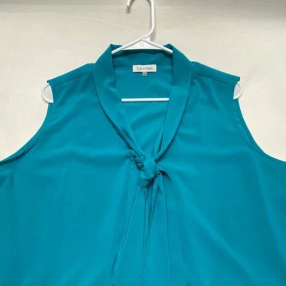 Calvin Klein Career Blouse Women's XL Marine Green Sleeveless Tie-Front Top EUC - Picture 7 of 7